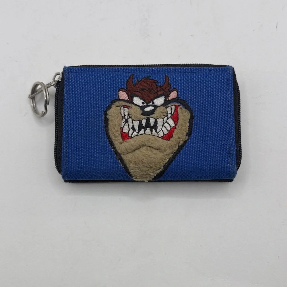 Vtg Looney Tunes Taz Embroidered Tasmanian Devil Blue Canvas Wallet Keychain Zip